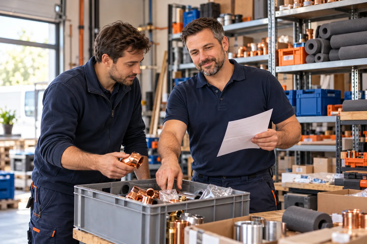 Zwei Monteure stellen im Lager Kupferfittings für einen Auftrag zusammen